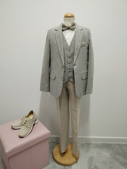 TRAJE LINO COMBINADO BEIGE Y GRIS